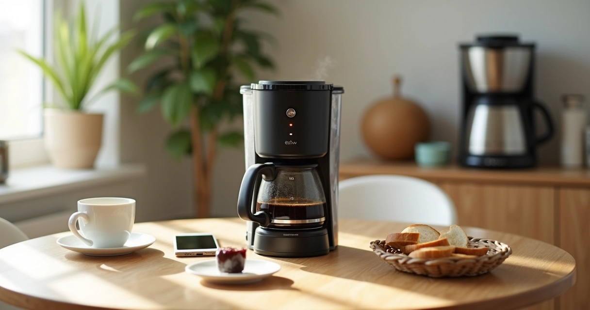 Cafeteira elétrica preparando café em mesa de café da manhã organizada 