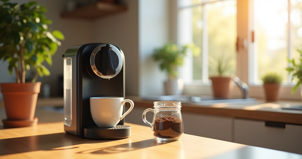 Cafeteira elétrica ao lado de caneca e pó de café em cozinha moderna 
