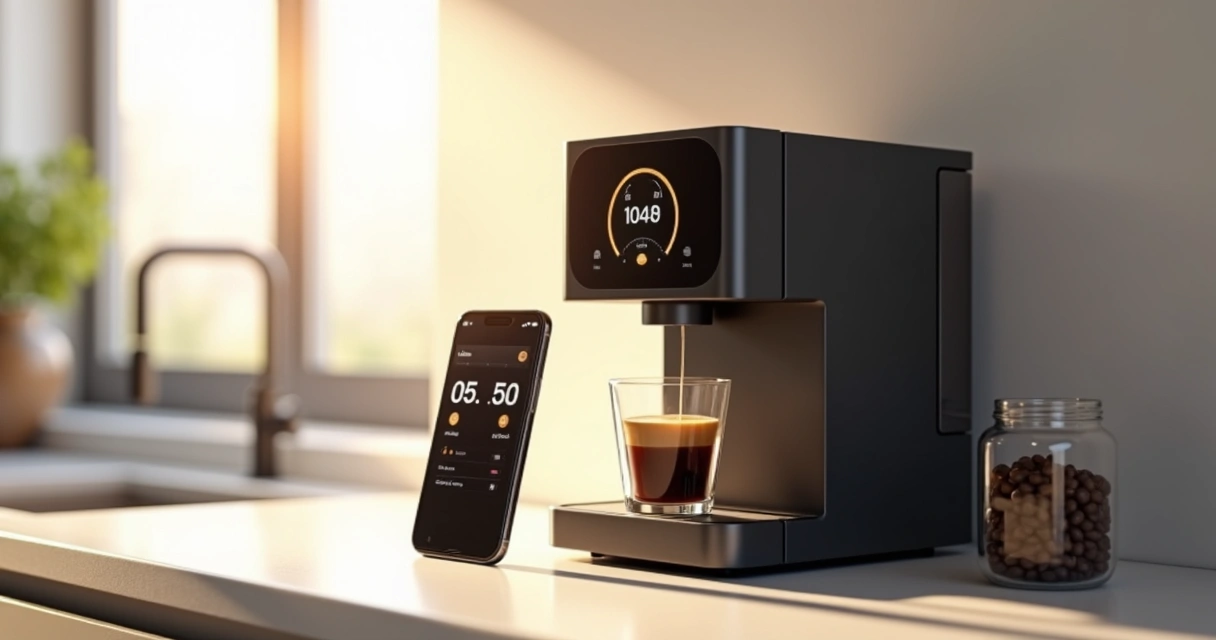 Cafeteira elétrica moderna com painel digital e integração a smartphone 