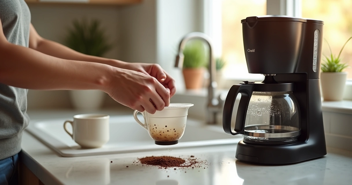 Pessoa limpando cafeteira elétrica com filtro removível em cozinha residencial 