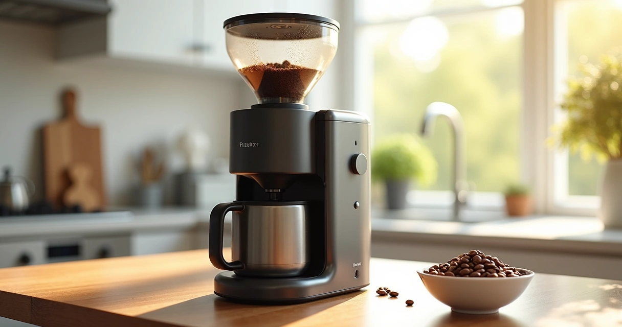 Cafeteira com moedor de café embutido sobre bancada clara com grãos frescos ao lado 