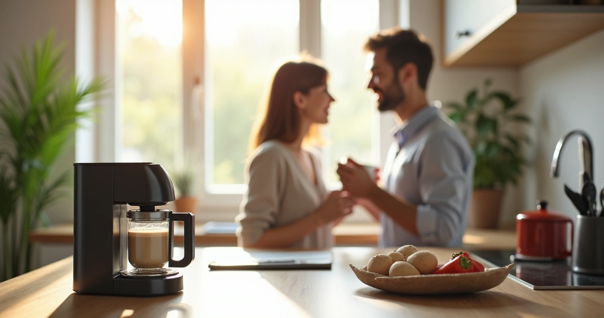 Cafeteira pequena na bancada de apartamento, casal sorridente ao fundo 