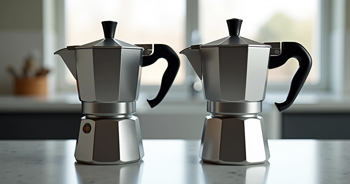 Duas cafeteiras italianas de alumínio lado a lado sobre bancada 