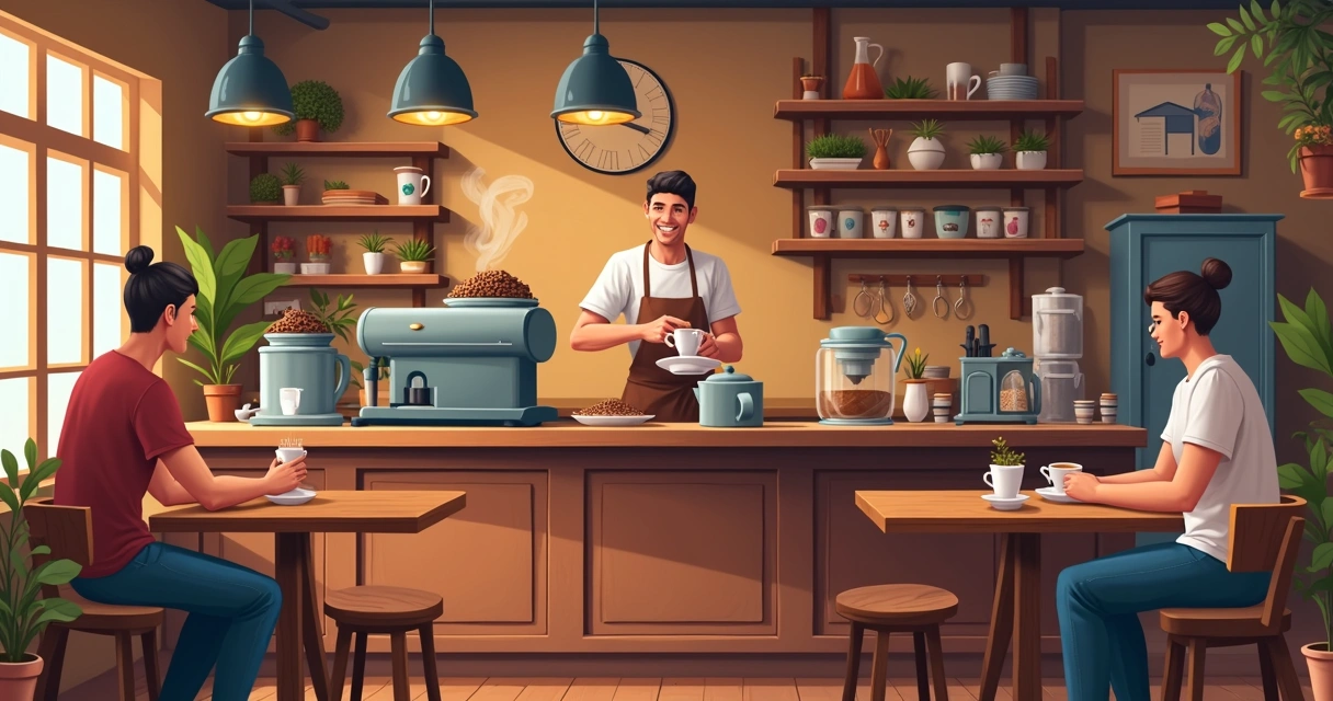 Barista sorridente preparando café em ambiente aconchegante