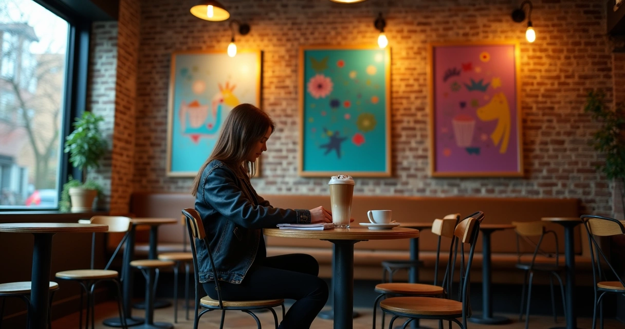 Pessoa sentada sozinha em cafeteria em Bushwick, Brooklyn, com arte nas paredes 