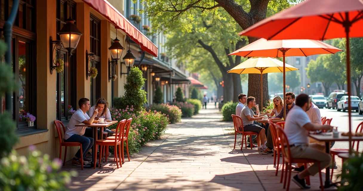 Cafeteria charmosa com mesas externas e pessoas relaxando nas ruas de Celebration 