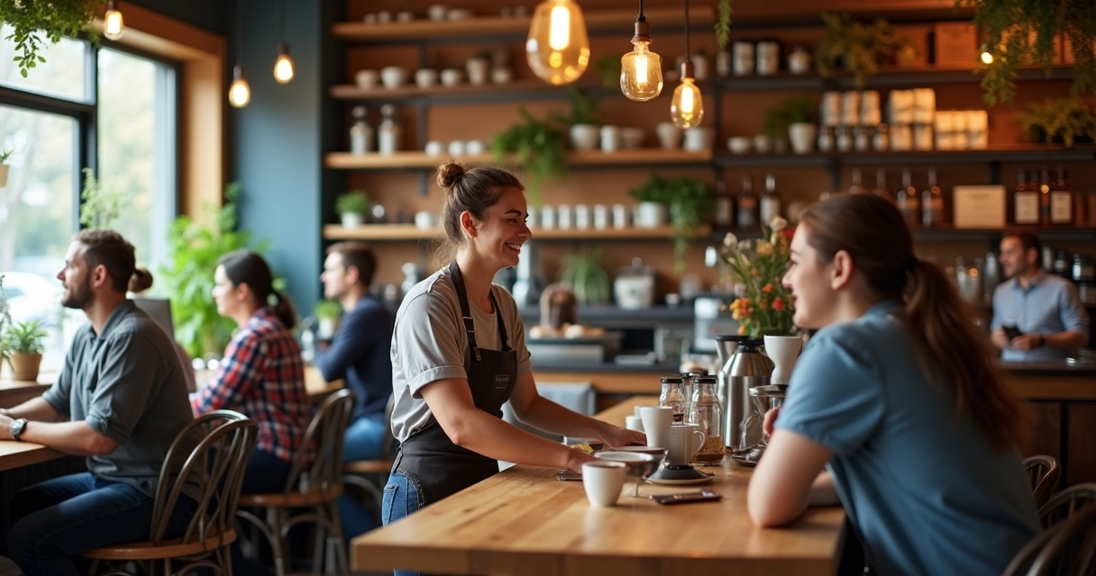 Cafeteria cheia com clientes felizes e barista sorrindo