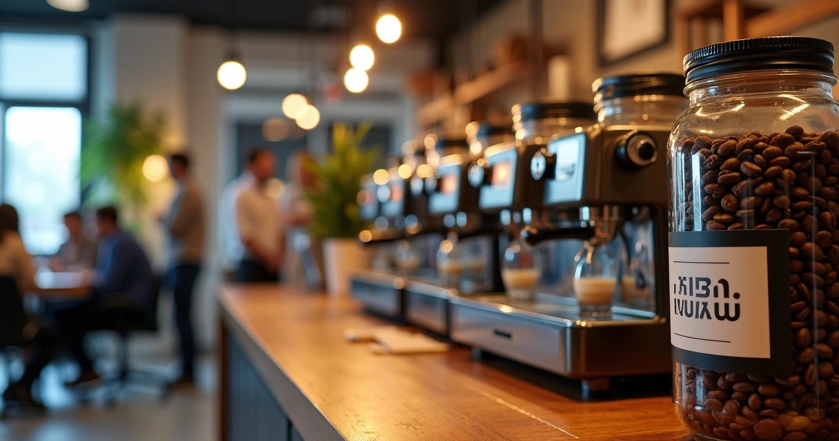Área de café corporativo elegante com máquinas de espresso e ambiente criativo 