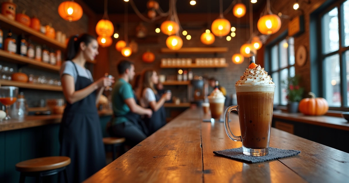 Cafeteria decorada com abóboras e bebidas de Halloween 