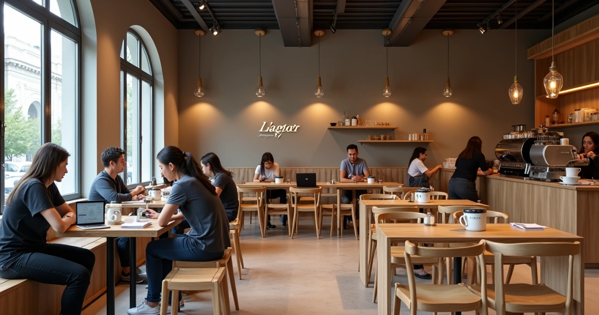 Loja de café de marca com design moderno e pessoas em mesas baixas 