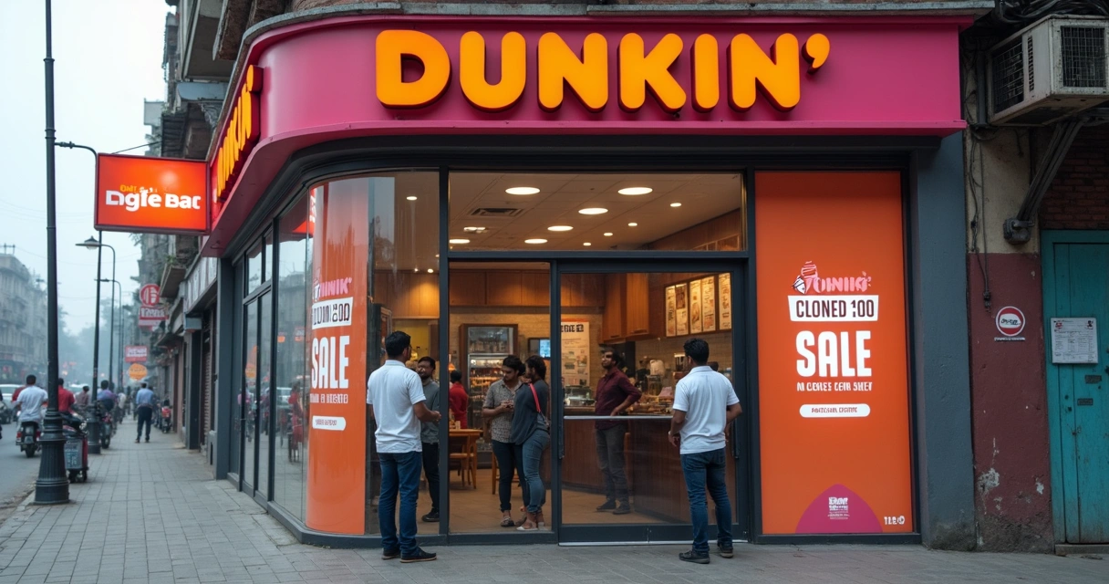 Fachada de cafeteria Dunkin' na Índia com placas de fechamento 