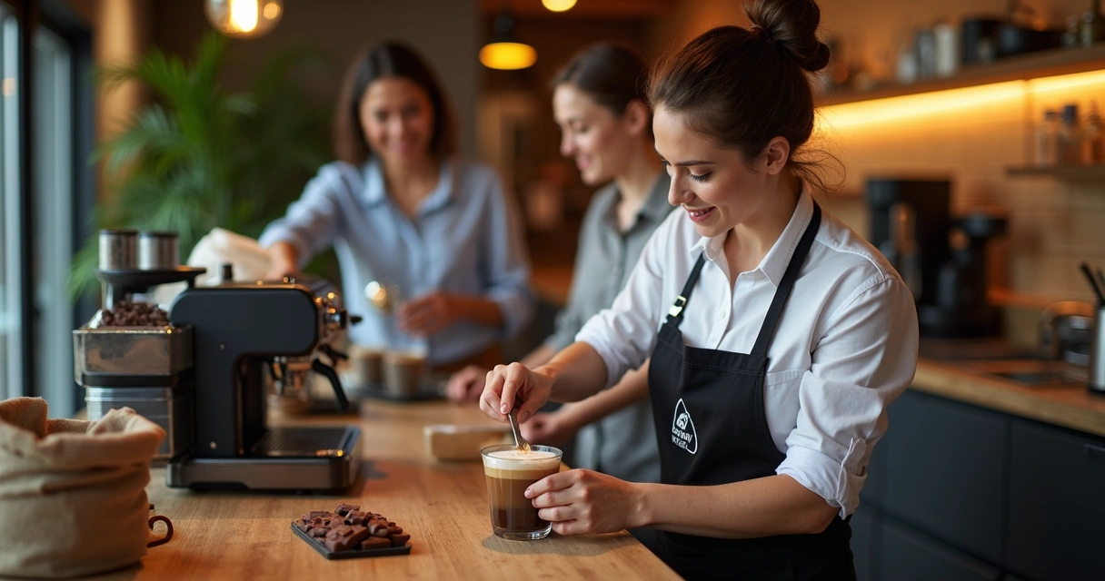Ambiente corporativo com barista preparando café com chocolate