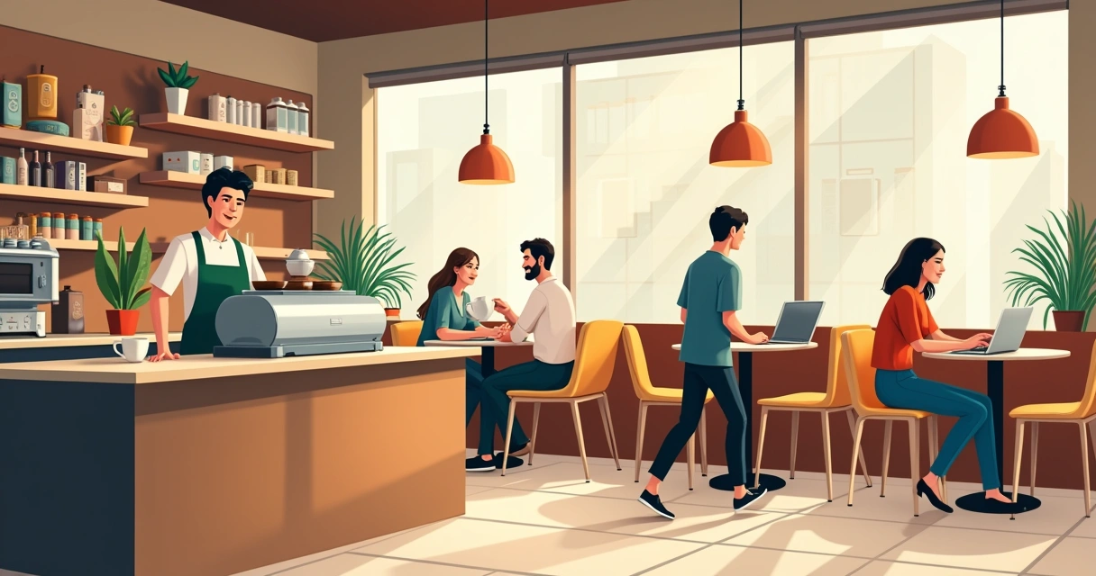 Ilustração de uma cafeteria moderna, mostrando barista servindo café e ambiente organizado com clientes felizes.