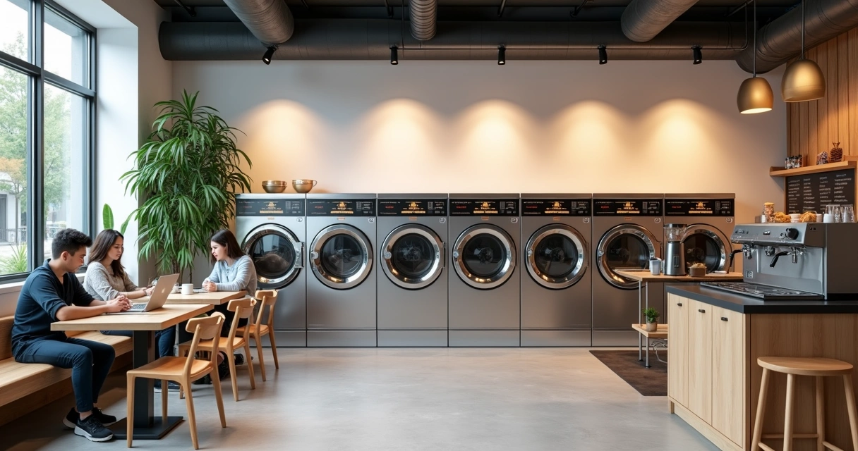 Cafeteria integrada a lavanderia de autoatendimento com clientes aguardando o ciclo de lavagem 