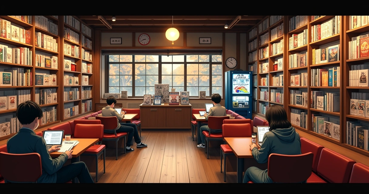 Cafeteria típica do Japão com clientes lendo mangá 