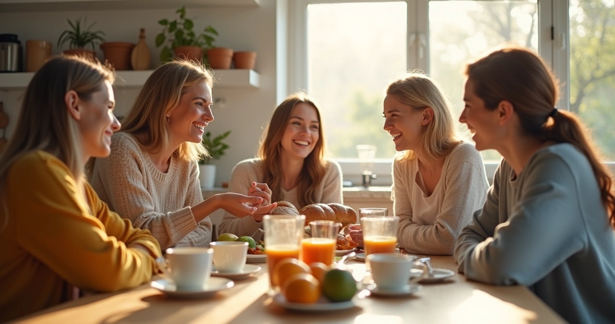 Mesa de café da manhã com pessoas sorrindo, alimentos frescos e luz suave. 