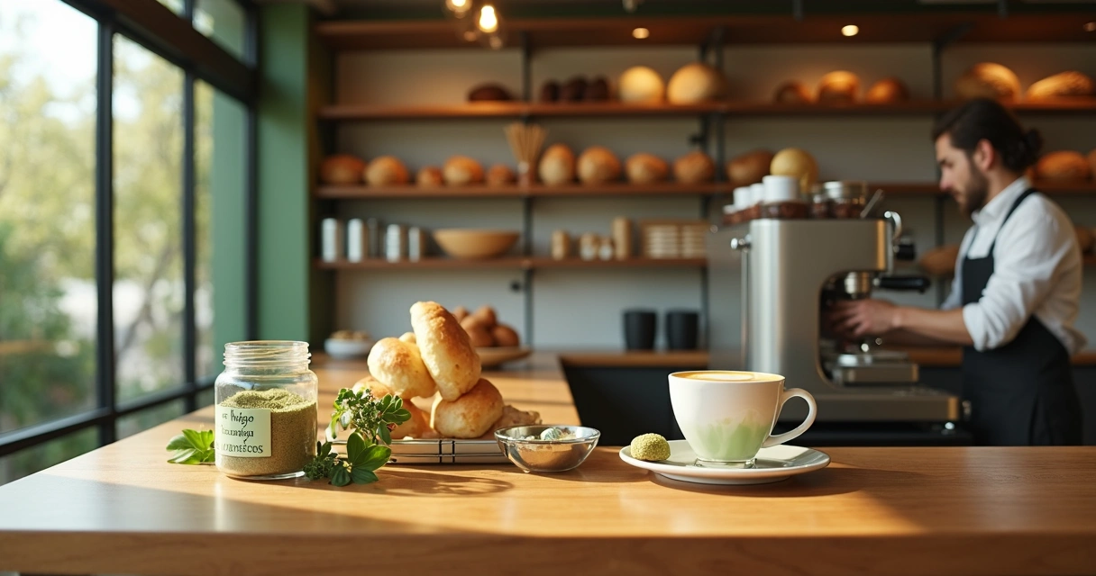 Balcão de cafeteria moderna com vitrine de pães e bebidas com moringa em destaque 