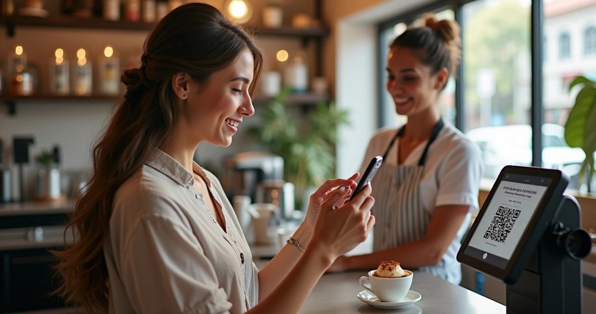 Balcão de cafeteria com cliente pagando por QR Code 
