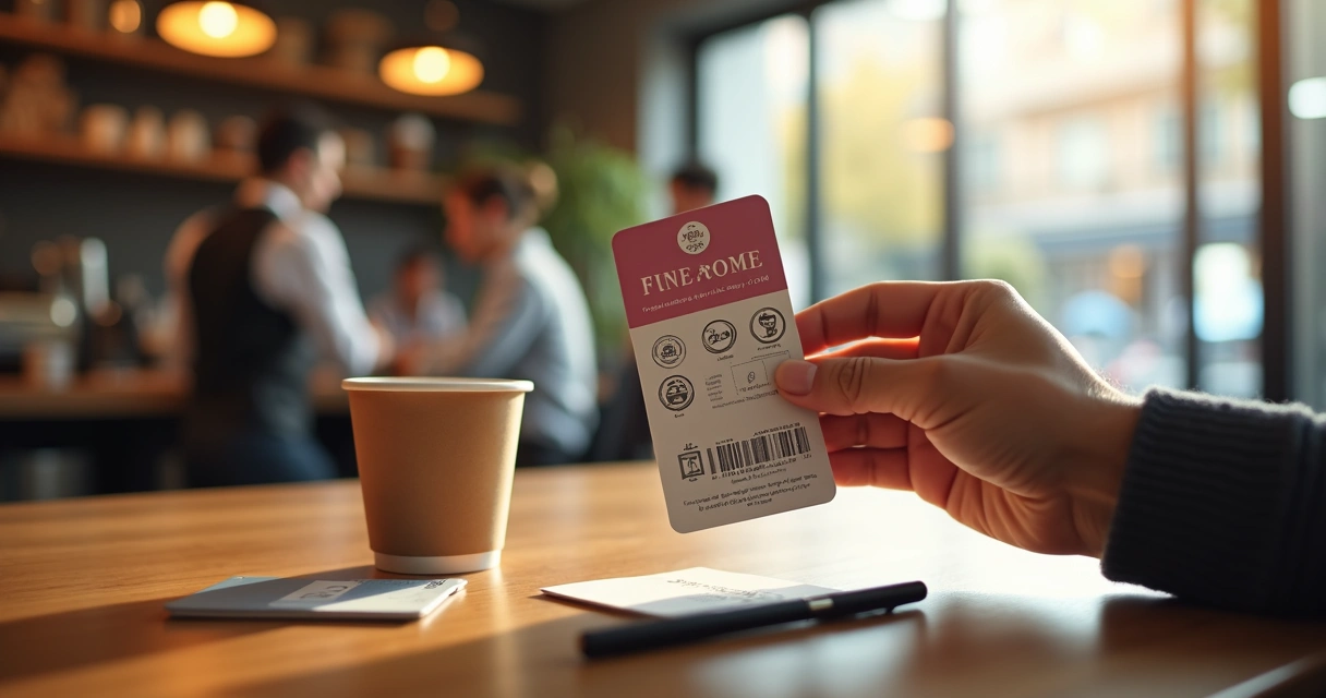 Tarjeta de fidelidad con sellos en una mesa de cafetería