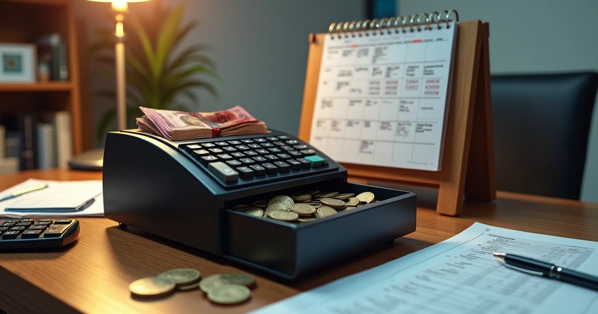 Caixa aberto mostrando moedas e notas dentro, representando o fluxo de caixa de uma empresa. 