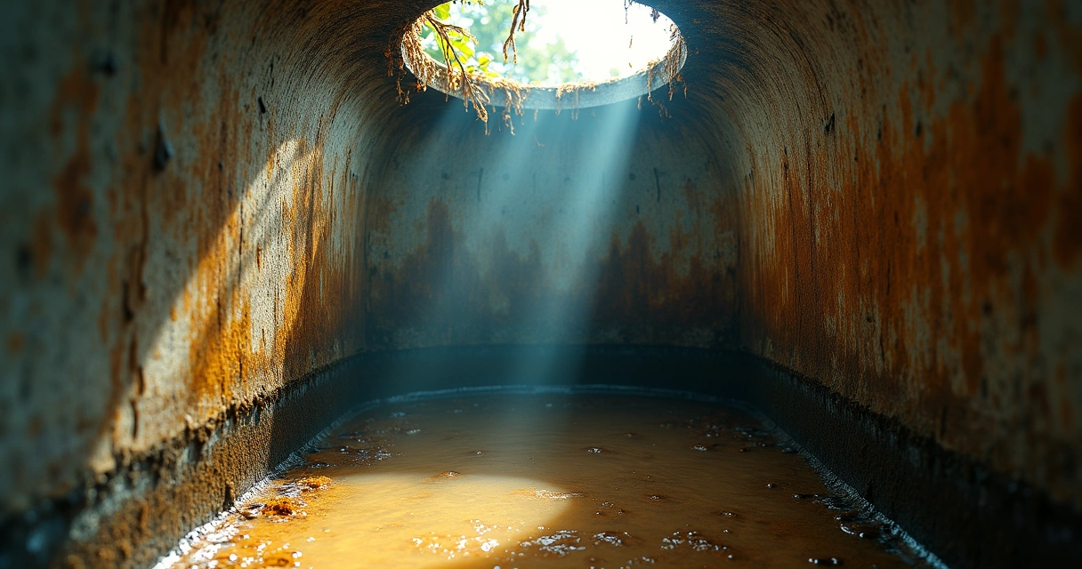 Interior de uma caixa d'água com sujeira e biofilme formando manchas escuras. 
