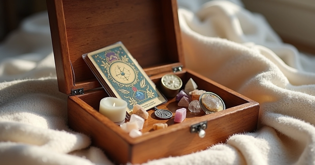 Caixa de madeira aberta com pequenos objetos místicos dentro 