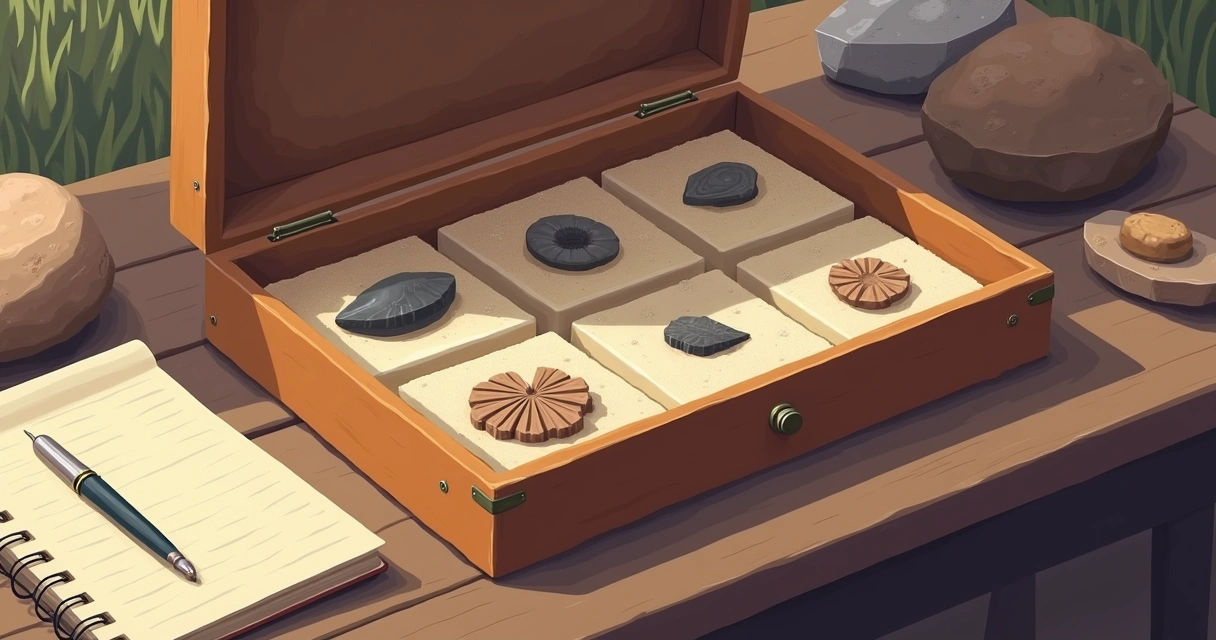 Caixa organizadora aberta com pequenos fósseis dentro 