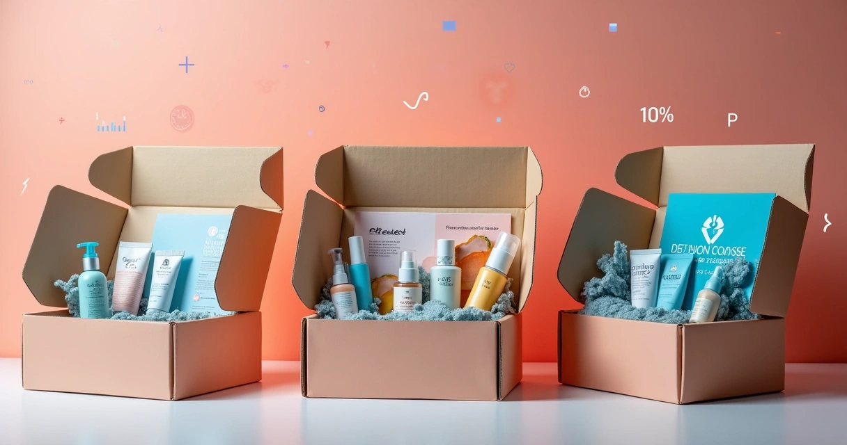 Caixa de assinatura moderna com produtos diversos ao redor