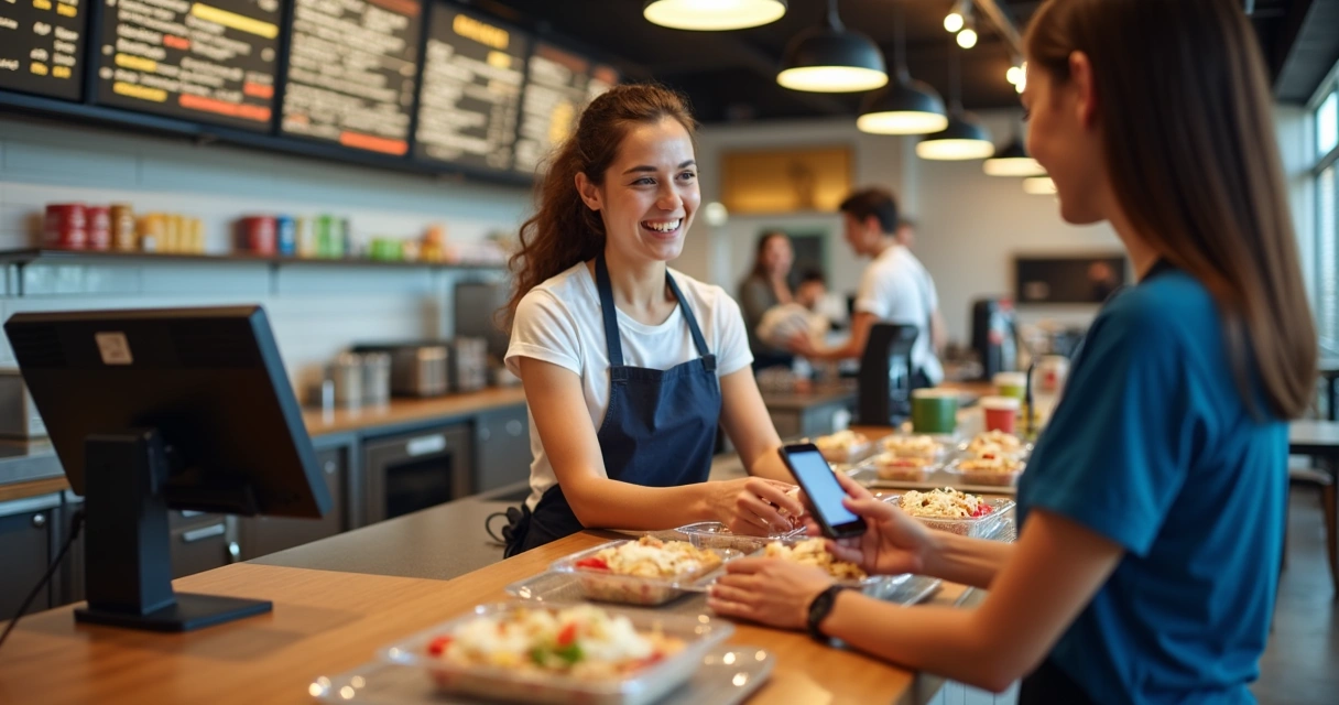 Atendente finalizando pedido em loja de restaurante 