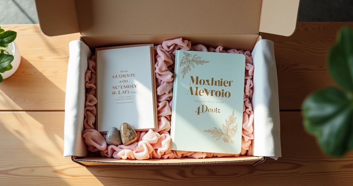 Caixa de presente com livros, diário e itens de autoconhecimento