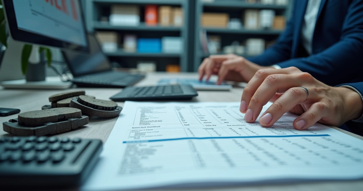 Planilhas e peças automotivas sobre mesa de escritório 