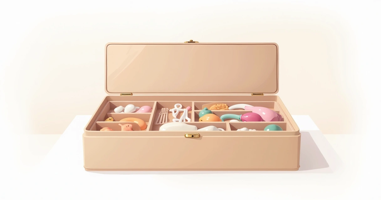 Caixa organizadora beige com divisórias e brinquedos íntimos separados 