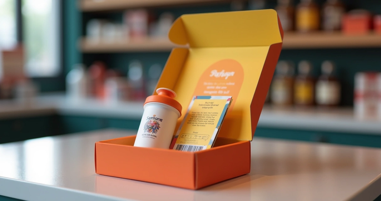 Caixa personalizada compacta aberta com brinde e material promocional 