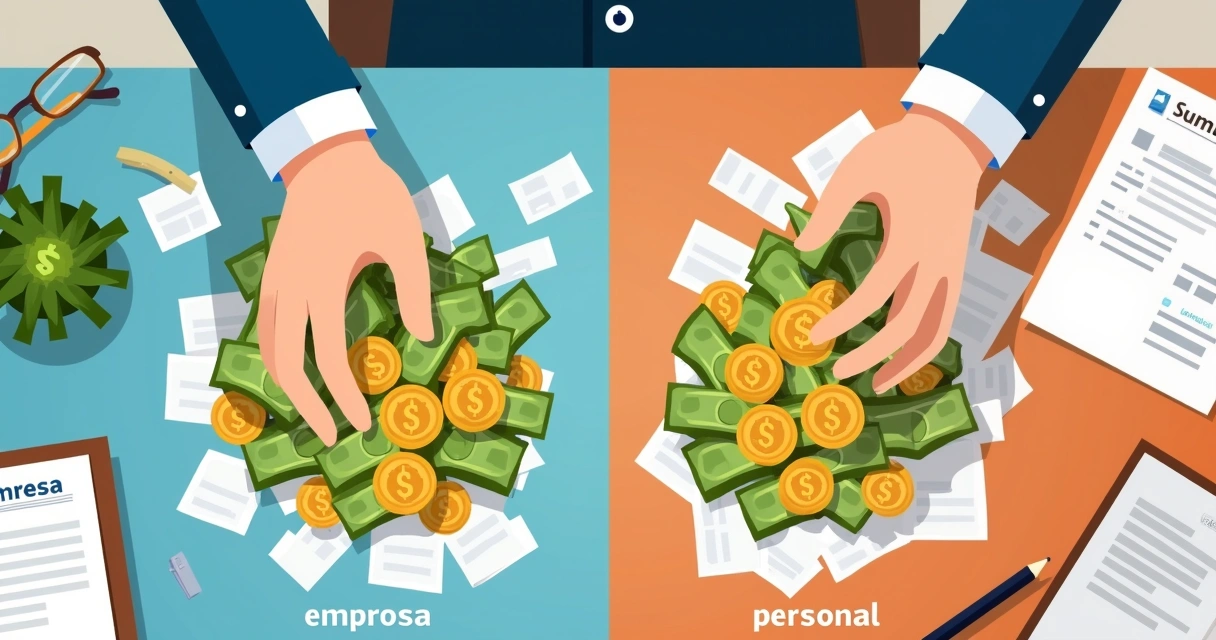 Mãos misturando dinheiro de pessoa física e empresa sobre uma mesa com papéis