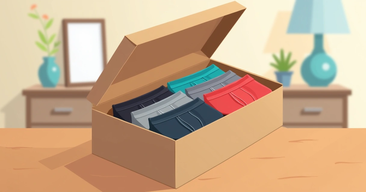 Caixa aberta mostrando cuecas boxer coloridas organizadas