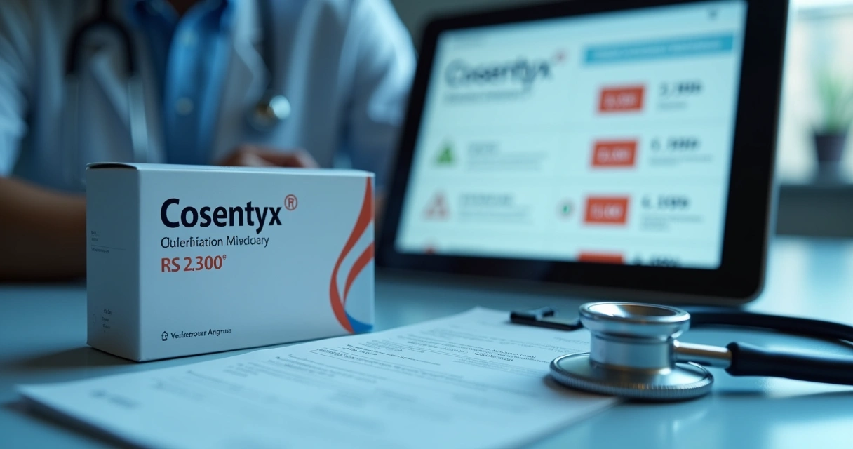 Embalagem do medicamento Cosentyx sobre mesa em consultório médico 