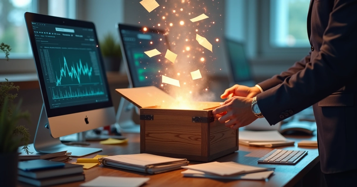 Pessoa abrindo uma caixa de onde saem feixes de luz e papéis representando dados encontrados