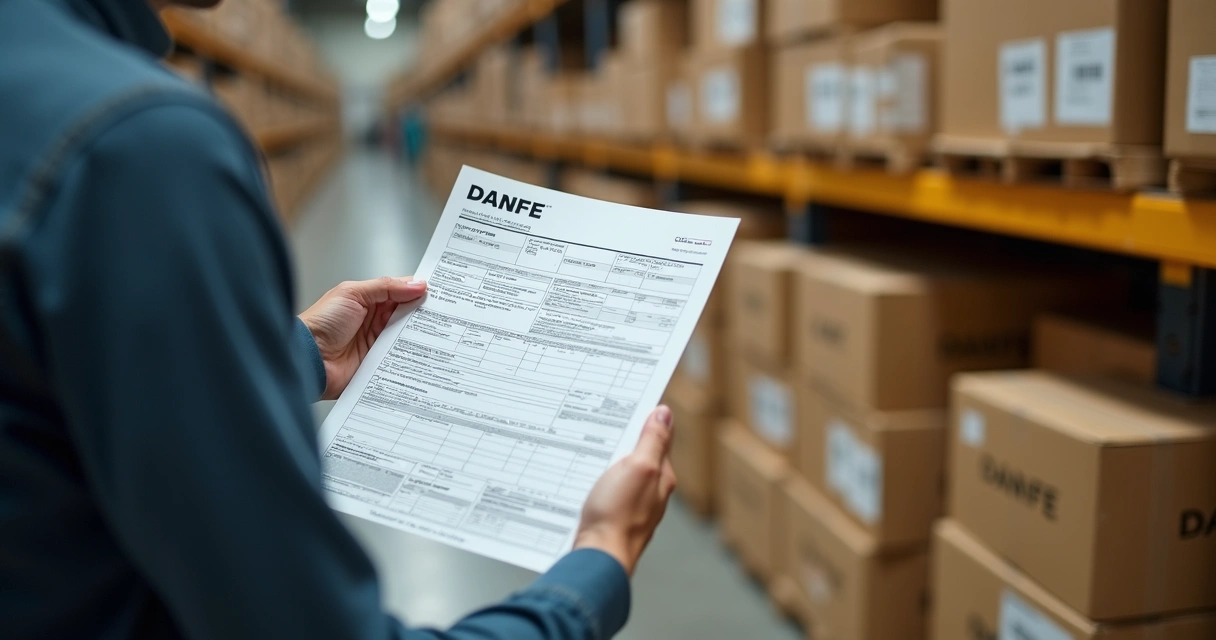 Pessoa segurando DANFE ao lado de caixas para transporte