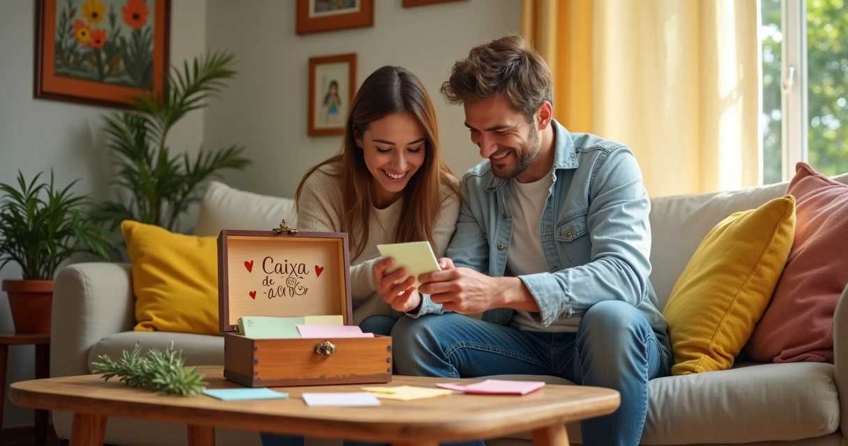 Casal trocando bilhetes de uma caixa de amor em um ambiente aconchegante e iluminado.
