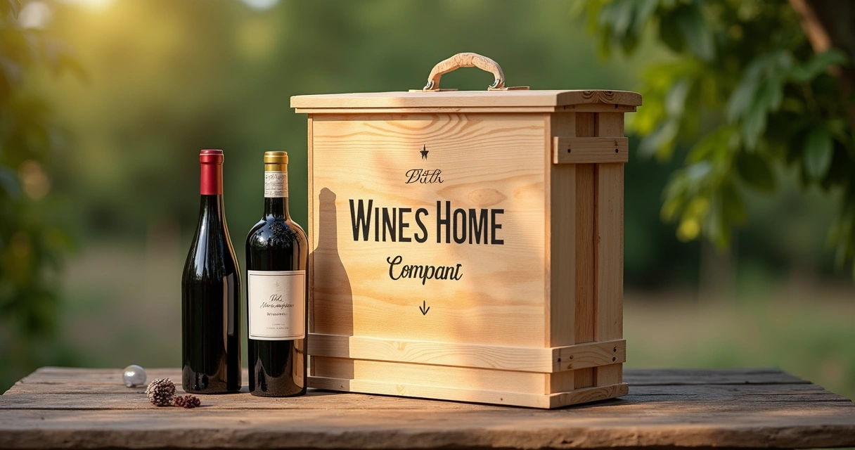 Caixa elegante de vinho personalizada ao lado de garrafas de vinho 