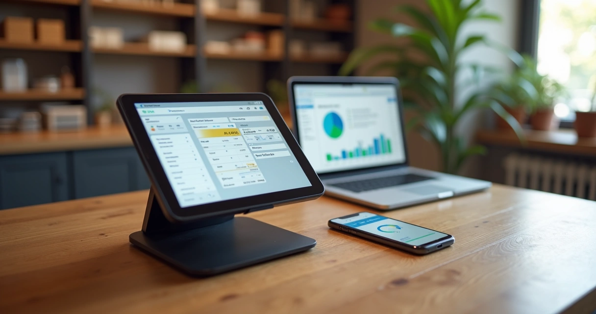 Caixa digital moderno em uma mesa de pequeno negócio com notebook, smartphone e terminal de pagamento eletrônica 