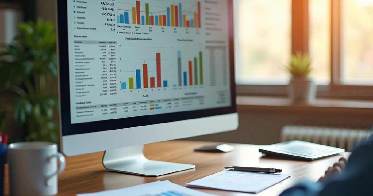 Controle de fluxo de caixa e DRE em tela de computador com gráfico. 