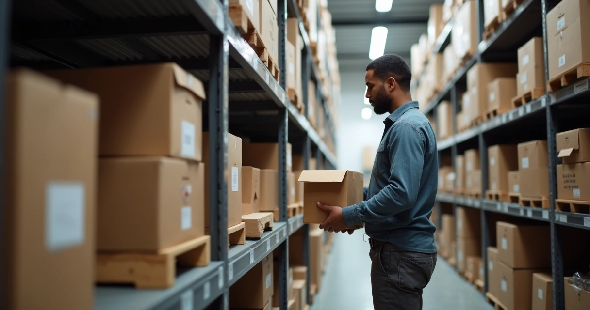 Funcionário procurando caixa em prateleiras organizadas 