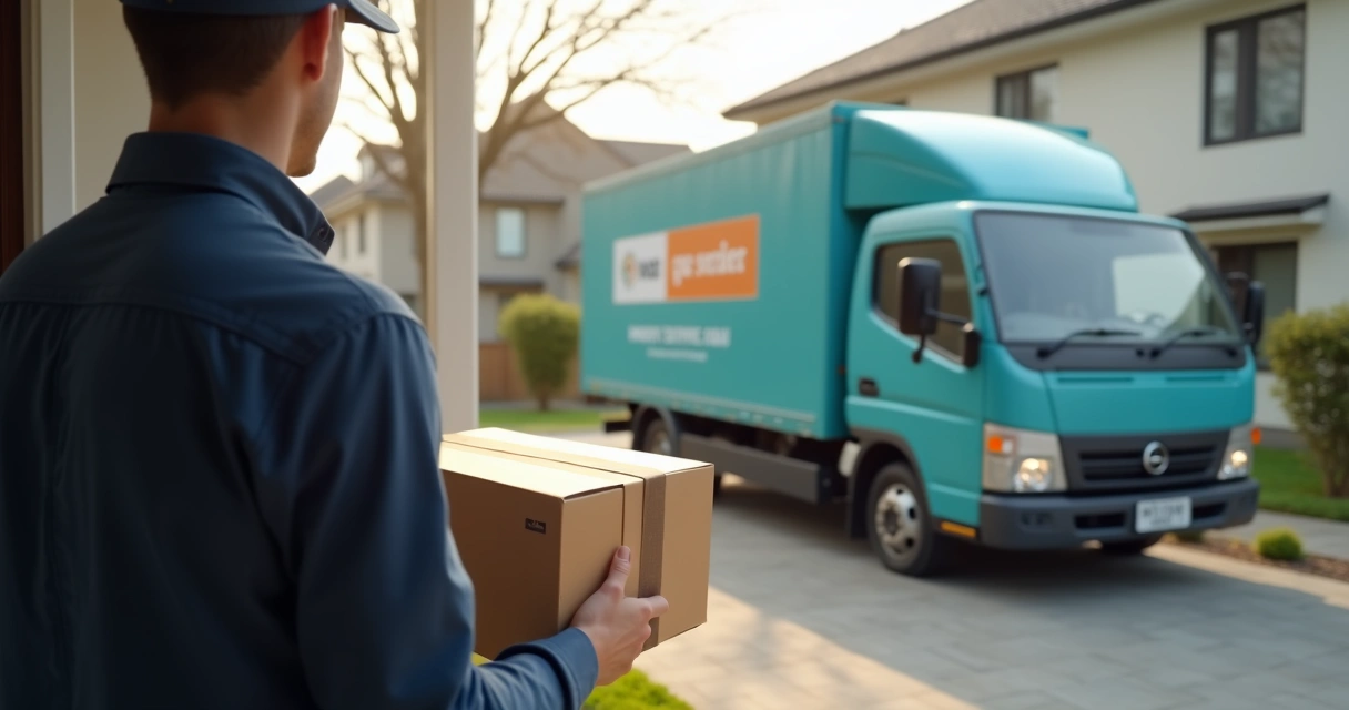 Entrega de caixa em domicílio por caminhão de logística 