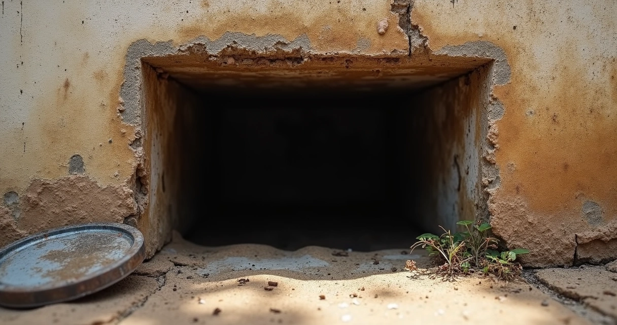 Caixa de esgoto residencial aberta com sinais de roedores 