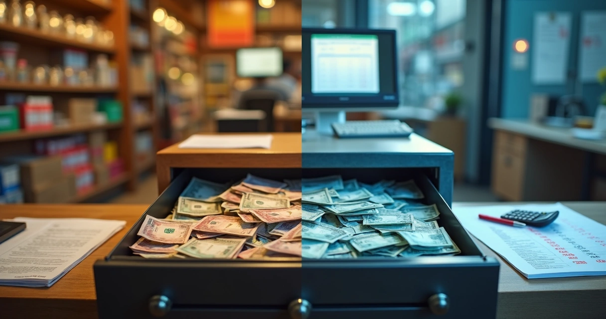 Comparação entre caixa forte cheio e gaveta de caixa vazio em pequena empresa 