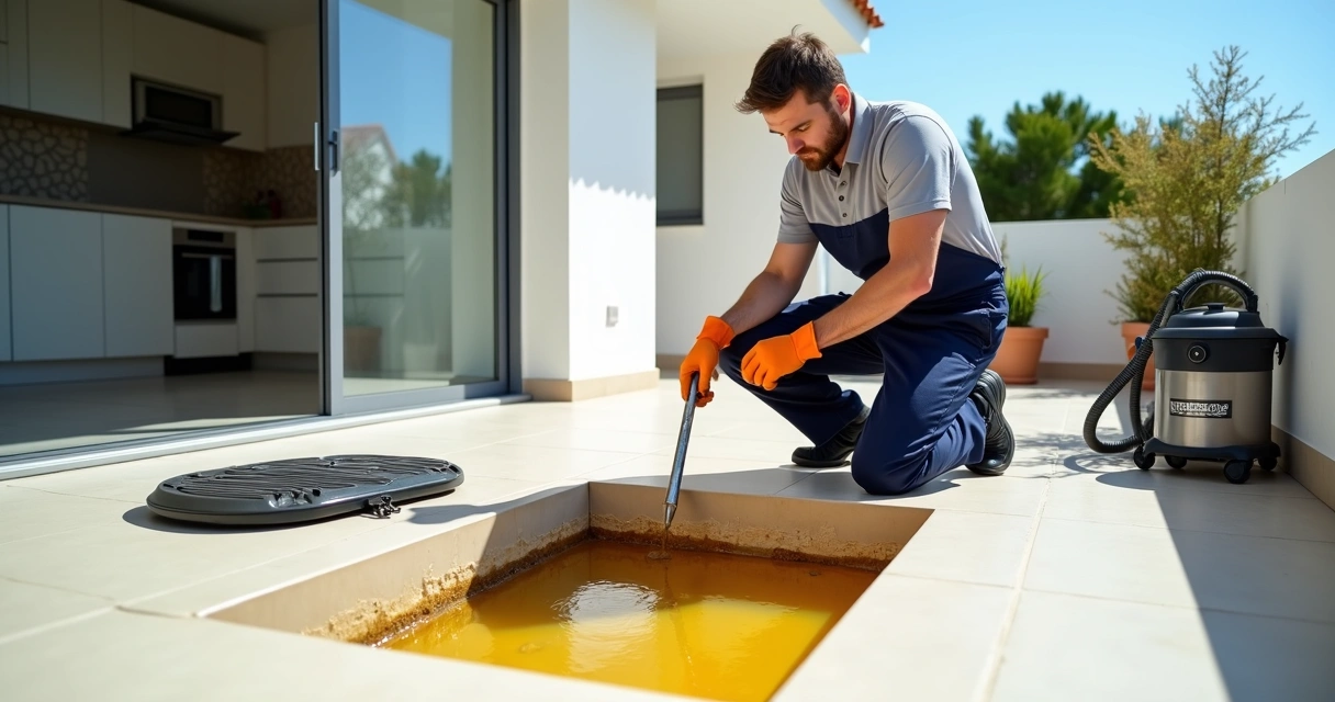 Técnico abre tampa de caixa de gordura entupida numa cozinha moderna 