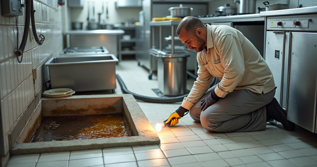 Técnico a verificar caixa de gordura e grease trap em cozinha industrial 
