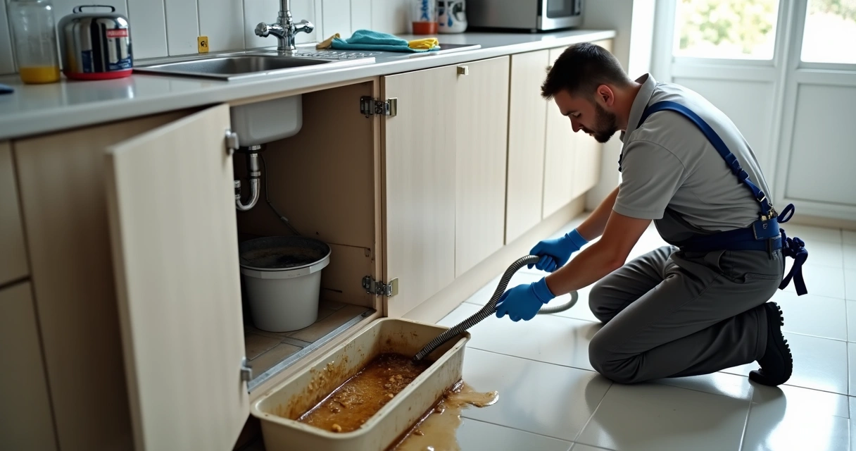 Profissional limpando caixa de gordura transbordando sob pia de cozinha 