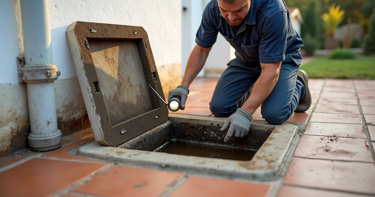Técnico a inspecionar caixa de inspeção de esgoto no quintal de uma casa 